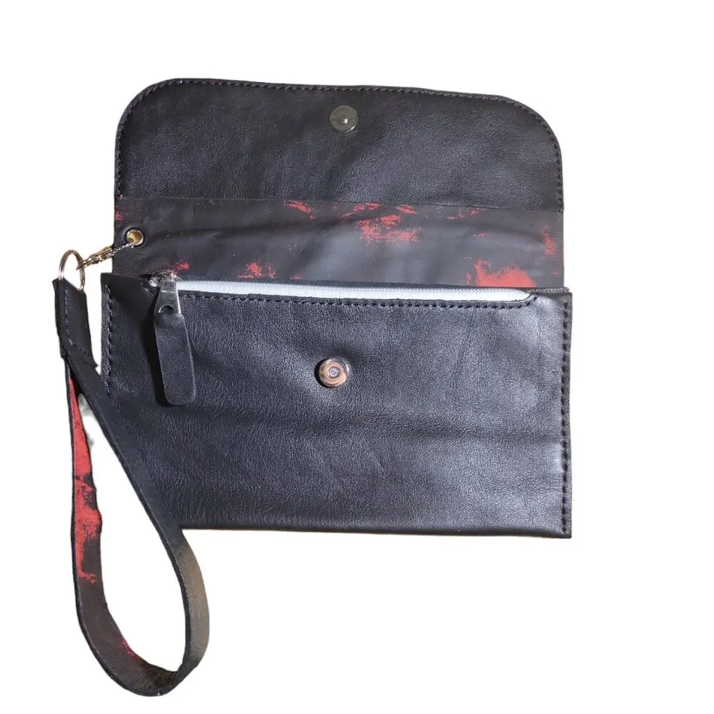 Handcrafted Genuine Leather Retro Black and Red Ladies wristlet/long wal… - Picture 5 of 5